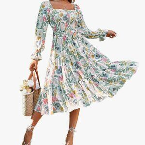 Flowy Long Sleeve Square Neck Smocked Floral Midi Dress - Size Small